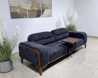 Solid Wood Frame Sofa – Charcoal Grey Couch with Integrated Table, Natural Oak Furniture