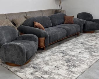 Conjunto de sofá modular moderno com poltronas, cinza, estilo minimalista para sala de estar.