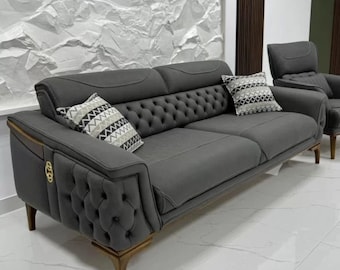Sofá Chesterfield cinza – Sofá estofado com capitonê para sala de estar com pés de madeira