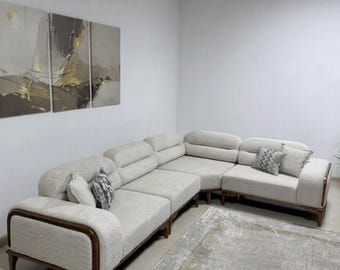 Cream Textured Sectional Sofa – Solid Wood Frame, Modular Living Room Furniture