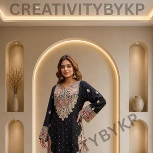 Schwarzes, beigefarbenes Kaftan-Set aus Slub-Stoff, aufwendige Faden- und Paillettenstickerei, angenähte Spitze