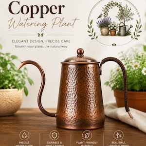 May include: A hammered copper watering can with a long, curved spout and a dark, braided handle. The text reads Copper Watering Plant, ELEGANT DESIGN, PRECISE CARE, Nourish your plants the natural way, PRECISE WATER FLOW, DURABLE & LONG-LASTING, PLANT-FRIENDLY MATERIAL, BEAUTIFUL ANTIQUE FINISH.