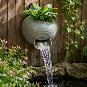 Puede incluir: Fuente de agua montada en la pared con una maceta de cerámica azul claro. La maceta tiene un diseño acanalado y contiene una planta verde con hojas rayadas. El agua fluye de la maceta a un pequeño estanque, creando un elemento de jardín tranquilo.