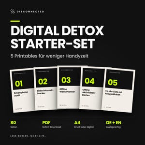 Könnte beinhalten: Ein Digital Detox Starter-Set mit fünf druckbaren Dokumenten auf schwarzem Hintergrund. Der Text umfasst Digital Detox Starter-Set, 5 Printables und Titel für jedes Dokument von 01 bis 05, mit insgesamt 80 Seiten im A4-Format.