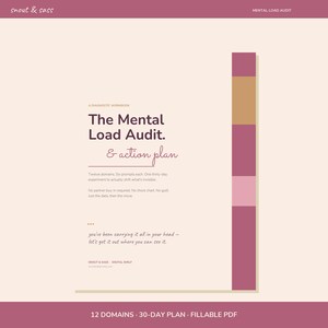 以下が含まれることがあります： 「The Mental Load Audit」というタイトルのデジタルワークブックとアクションプラン。表紙は薄いベージュで、濃い紫色のテキストと、ピンクとタンの色合いのカラーブロックの垂直バーがあります。ワークブックは30日間のプランです。