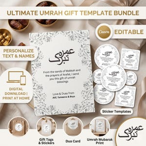 May include: An Umrah gift template bundle with customizable text and names. The design includes a greeting card, stickers, gift tags, and a Dua card. The text reads "From the sands of Makkah and the prayers of Arafat, I send you this gift of umrah blessings."