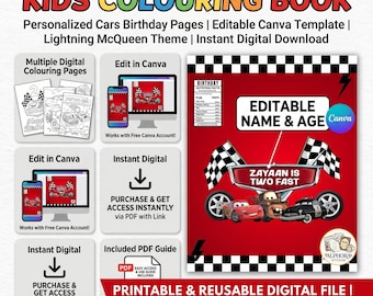 Libro para colorear infantil, páginas para colorear de cumpleaños con coches personalizados, plantilla editable de Canva, libro para colorear digital, plantilla de libro para colorear
