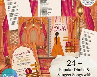 Cancionero digital Dholki con invitación GRATIS / 24 letras de Mehndi Sangeet / Plantilla de Canva / Papelería de boda Desi / Cancionero imprimible