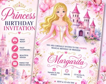 Plantilla editable de invitación de cumpleaños de princesa para cualquier edad / Invitación de cumpleaños para niña / Maqueta de invitación de tarjeta de cumpleaños digital