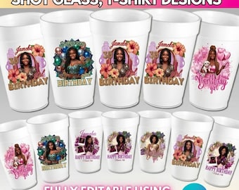 Paquete de plantillas de Canva para fiestas de cumpleaños, diseño de pegatinas para vasos de poliestireno, PNG para sublimación de camisetas de cumpleaños, recuerdo de fiesta personalizado, archivo digital