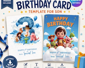 Tarjetas de cumpleaños de Toy Story / Invitación de cumpleaños de Toy Story / Plantilla editable de Canva / Tarjeta para hijo