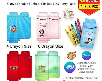 Paquete de plantillas para cajas de crayones, editables en Canva, ideales para la escuela o como recuerdo de fiesta. Incluye cajas para 4, 6 u 8 crayones y mini bolígrafos de cera. Descarga digital.