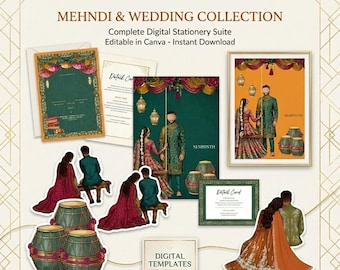 Plantilla de cartel de bienvenida para Mehndi y paquete de invitaciones para Mehndi / Invitaciones de boda con cartel de Mehndi / Cartel de bienvenida para bodas / Tarjetas para reservar la fecha