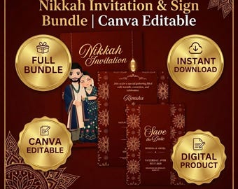 Tarjeta de invitación y cartel de bienvenida para la ceremonia de Nikkah, invitación personalizada para boda musulmana, aviso de reserva de fecha, plantilla digital de Canva para invitación de Nikkah.