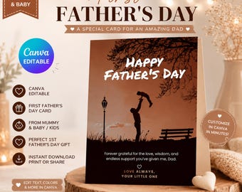 Tarjeta de Feliz Primer Día del Padre / Regalo del Primer Día del Padre de los Niños / Tarjeta del Primer Día del Padre de Mamá y Bebé / Tarjeta de Papá Editable en Canva
