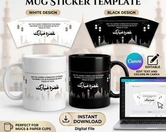 Plantilla de pegatina para taza Umrah Mubarak, regalo personalizado para la Umrah, pegatina para taza de papel DIY, plantilla de Canva, recuerdos para viajes islámicos, descarga instantánea