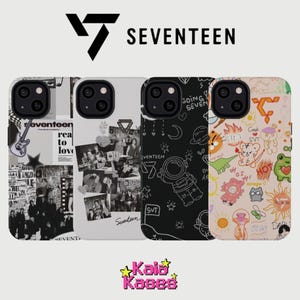 May include: Four phone cases with unique designs. One case features a black and white collage, another has a black background with an astronaut, and the others have colorful illustrations. The word "SEVENTEEN" is visible on the cases.
