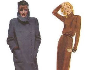 Vogue Sewing Pattern Designer Fashion John Anthony Off Side Asymmetrical Closing Long Coat High Rolled Collar Loose Fit Dress Bust 32