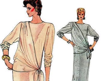 1980s Vogue Sewing Pattern New Wave Style Drop Tie Waist Draped Bodice Pullover Dress Casual Evening Length Bust 32