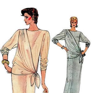 1980s Vogue Sewing Pattern New Wave Style Drop Tie Waist Draped Bodice Pullover Dress Casual Evening Length Bust 32 image 1
