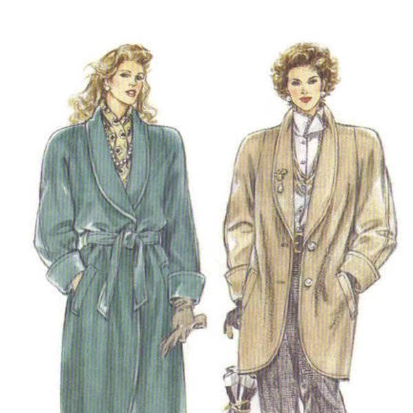Burda Sewing Pattern 1980s Winter Coat Long or Hip Length Wide Shawl Collar Belt Tie Front Shoulder Pads Uncut FF Sizes S M L