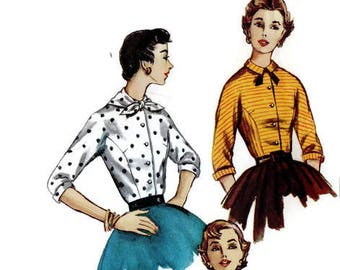 Sewing Pattern Simplicity 1492 Vintage Retro 1950s Women's Blouse Button Front Shirt Winged Collar Top Size 14