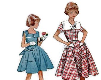 Simplicity 1950s Sewing Pattern Girl's Teen Dress Rockabilly Swing Era Full Circle Skirt Sailor Collar Garden Tea Holiday Dress Size 8