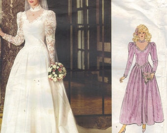 Retro 80s Wedding Gown Bride Bridesmaid Dress Vogue Sewing Pattern Floor Length Train Long Sleeves Standing Collar Shaped Bodice Bust 34