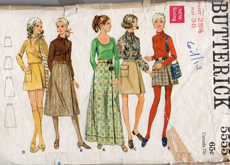 Sewing Pattern Butterick 5555 Boho Style Retro 70s Maxi Mini Wrap Skirt Waist 25 Casual Business Fashion image 2