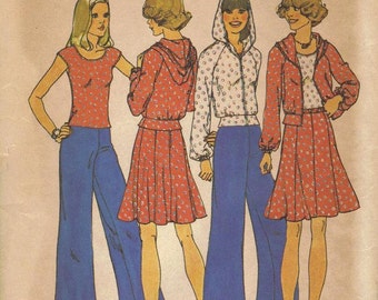 Simplicity Sewing Pattern 70s Retro Wide Leg Pants Hoodie Hooded Jacket Top Mini Skirt Size Small Bust 30