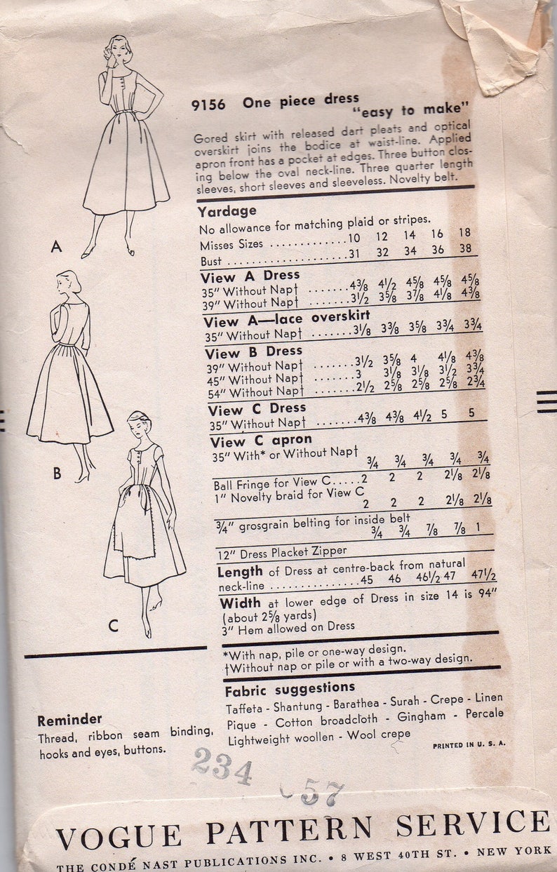 Vogue 9156 Vintage Sewing Pattern 1950s Women's Circle | Etsy