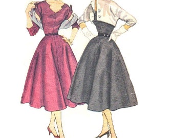 Simplicity 8462 Vintage Sewing Pattern 1950s Garden Tea Dress Rockabilly Style Fit Flare Skirt Novel Neckline Kimono Sleeve Bolero Bust