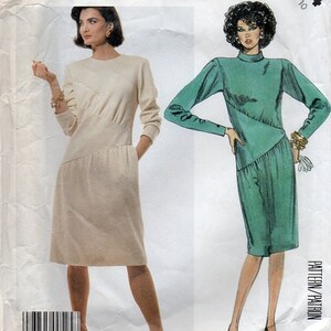 New Wave 80s Fashion McCall's Sewing Pattern Casual Day Dress Asymmetrical Waist Long Sleeve Retro Straight Skirt Bust 32 image 2