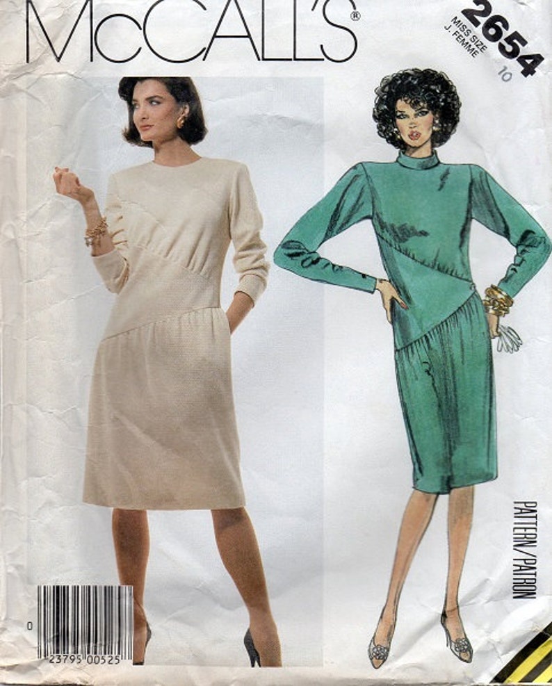 New Wave 80s Fashion McCall's Sewing Pattern Casual Day Dress Asymmetrical Waist Long Sleeve Retro Straight Skirt Bust 32 image 2