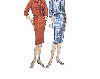 Jackie O Dress 60s Sewing Pattern Simplicity Mad Men Style Fashion Casual Business Suit Slim Skirt Bolero Jacket Buckle Coat Retro Bust 32