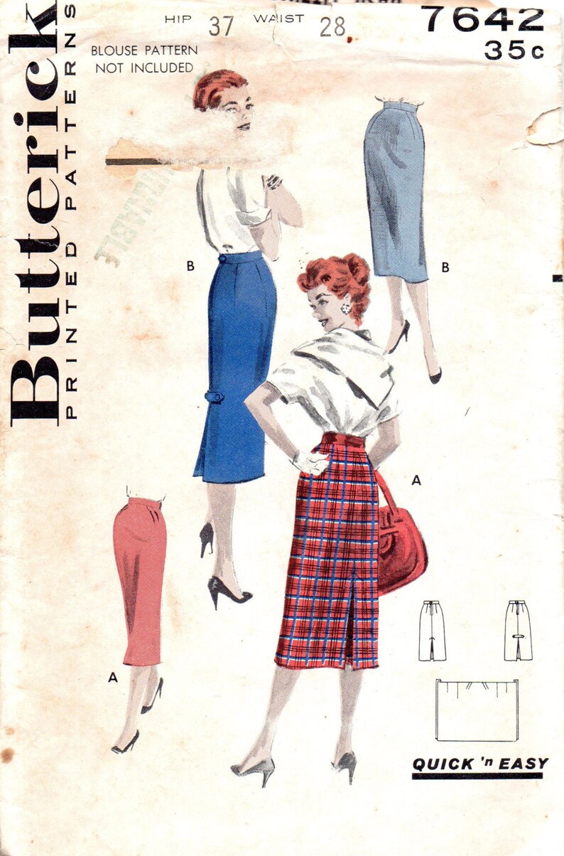 1950s Butterick 7642 Slim Fit Wiggle Skirt Secretary Style Kick Pleat Fitted Waist 28 Hip 37 One Yard Quick Sew image 2