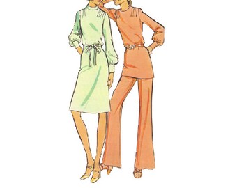 McCall's Sewing Pattern 70s Retro Dress Tunic Pants Long Sleeves High Neck Band Collar Tie Waist Bust 34 Uncut