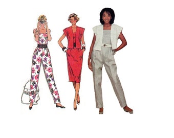 Disco Style Retro Jumpsuit 80s Sewing Pattern Simplicity 7390 Pantsuit Catsuit Cropped Jacket Sleeveless Jumper Dress Uncut Bust 34