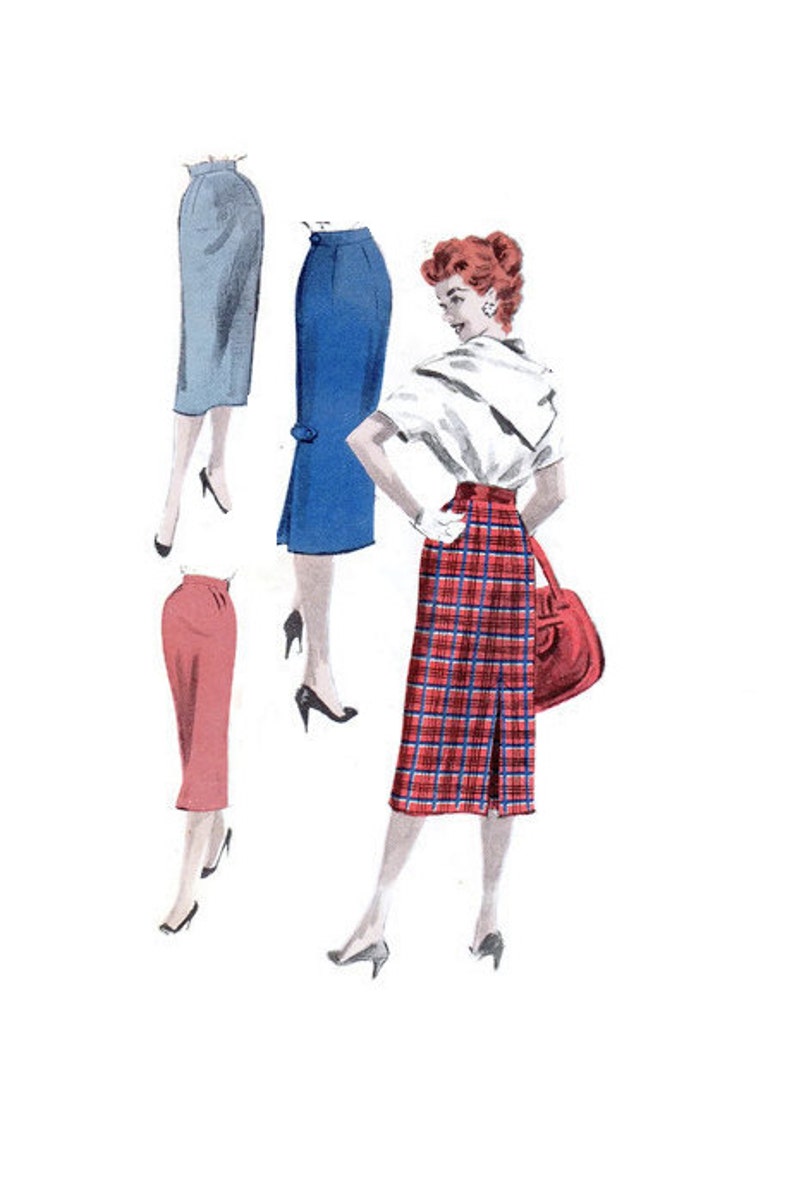 1950s Butterick 7642 Slim Fit Wiggle Skirt Secretary Style Kick Pleat Fitted Waist 28 Hip 37 One Yard Quick Sew image 1