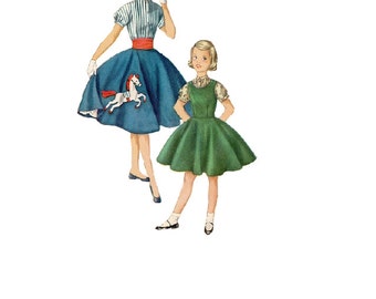 Simplicity 1741 Sewing Pattern Retro 50s School Girl Full Circle Skirt Swing Dress Cummerbund Waist Jumper Pleated Blouse Size 12 Rockabilly