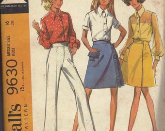 70s Sewing Pattern McCall's Misses Blouse Skirt Pants Retro Style Wrap Skirt Button Front Shirt Bust 38