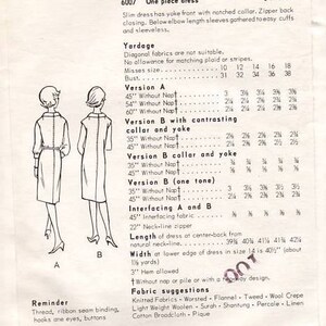 Vogue 6007 Sewing Pattern Vintage Retro 1960s Wiggle Dress Slim Fit Notched Collar Jackie O Style Size 12 image 3