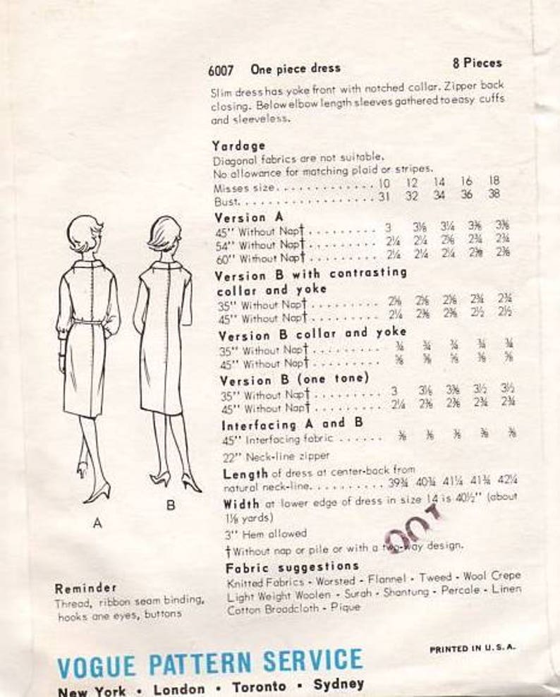 Vogue 6007 Sewing Pattern Vintage Retro 1960s Wiggle Dress Slim Fit Notched Collar Jackie O Style Size 12 image 3