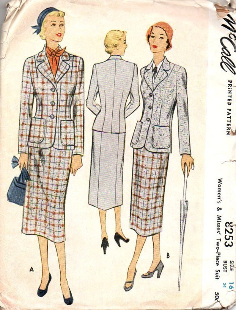 1940s McCall 8253 Vintage Sewing Pattern Jacket Fitted Skirt Business Casual Fashion Notched Lapel Uncut Bust 34 image 2