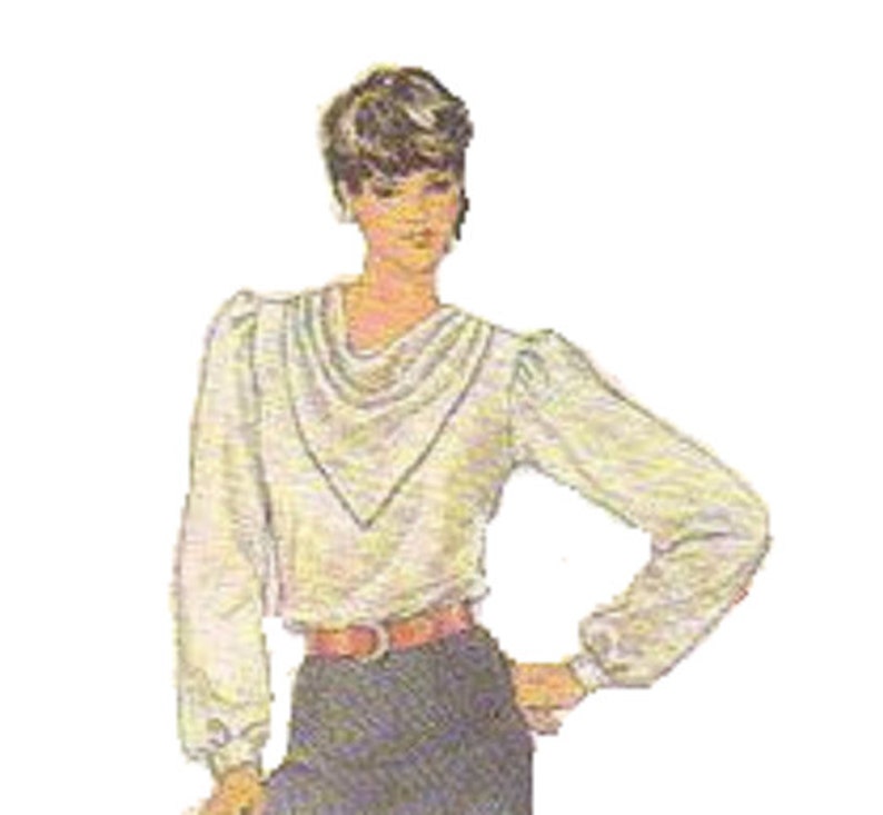 Simplicity 7092 Sewing Pattern 80s Misses Blouse Cowl Draped Neck Long Sleeves Puff Shoulders Shirt Top Disco Style Size 8 Uncut Bust 32 image 2