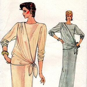 1980s Vogue Sewing Pattern New Wave Style Drop Tie Waist Draped Bodice Pullover Dress Casual Evening Length Bust 32 image 3