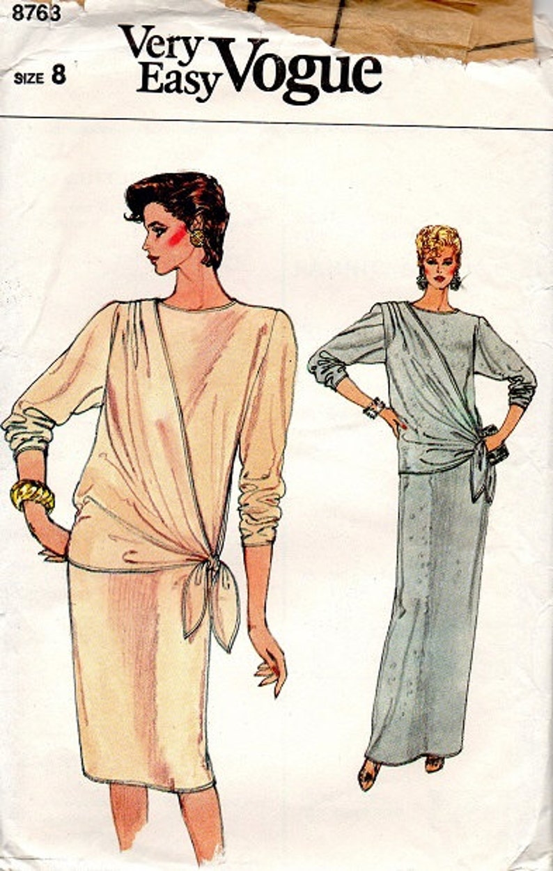 1980s Vogue Sewing Pattern New Wave Style Drop Tie Waist Draped Bodice Pullover Dress Casual Evening Length Bust 32 image 3