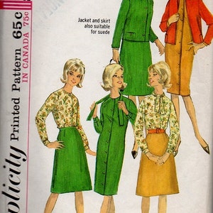 Simplicity 1960s Sewing Pattern Mad Men Style Jacket Skirt Dress Blouse Business Suit A-line Button Front Tie Scarf Collar Bust 32 image 2