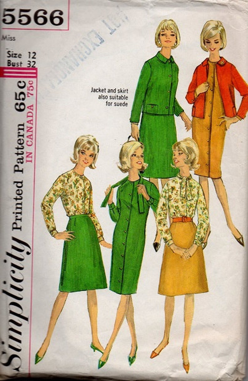 Simplicity 1960s Sewing Pattern Mad Men Style Jacket Skirt Dress Blouse Business Suit A-line Button Front Tie Scarf Collar Bust 32 image 2