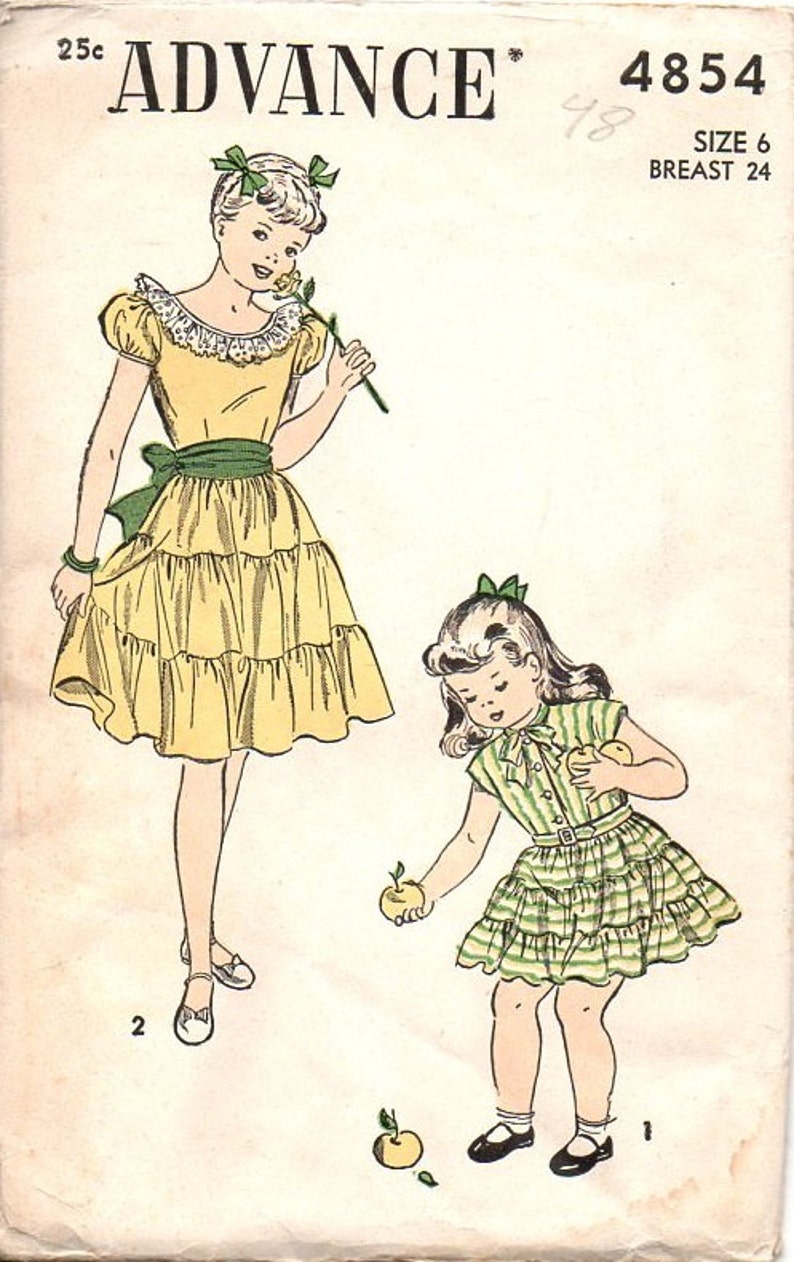 Advance 4854 Sewing Pattern 1940s Girls Garden Party Tea Dress Ruffle Tiered Skirt Size 6 Breast 24 image 2